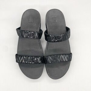 Fitflop Womens 10 Lottie Chevron Slide Sandals Shoes Black Wegde Slip On Comfort